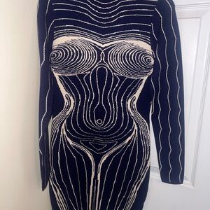 Fashion Nova Navy & Cream Sculptural Knit Long Sleeve Dress